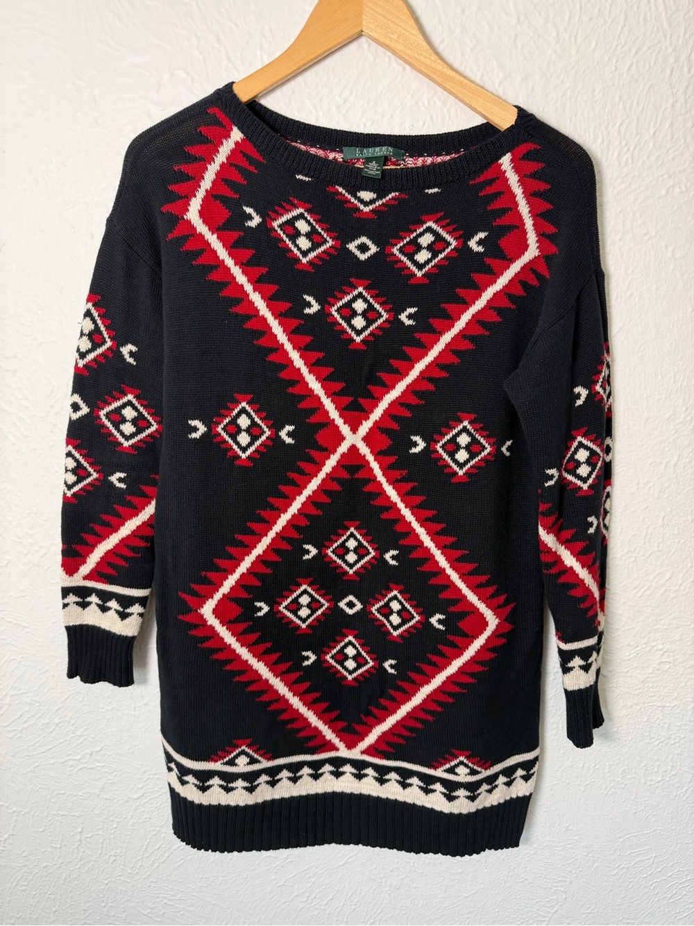Lauren Ralph Lauren Womens Small Southwestern Cotton Sweater Tunic Aztec Knit